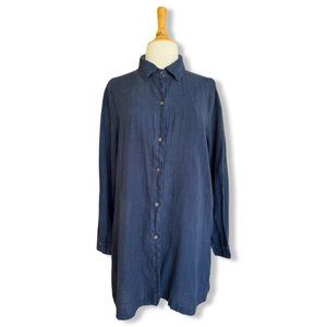 Focus Casual Life Buttoned Linen Long Sleeve Top Navy Blue